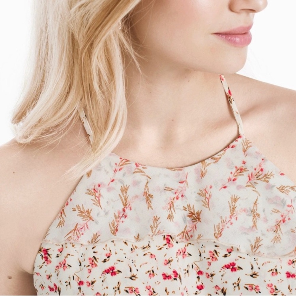 White House Black Market Floral Pink Tiered Ruffle Sleeveless Blouse size XS